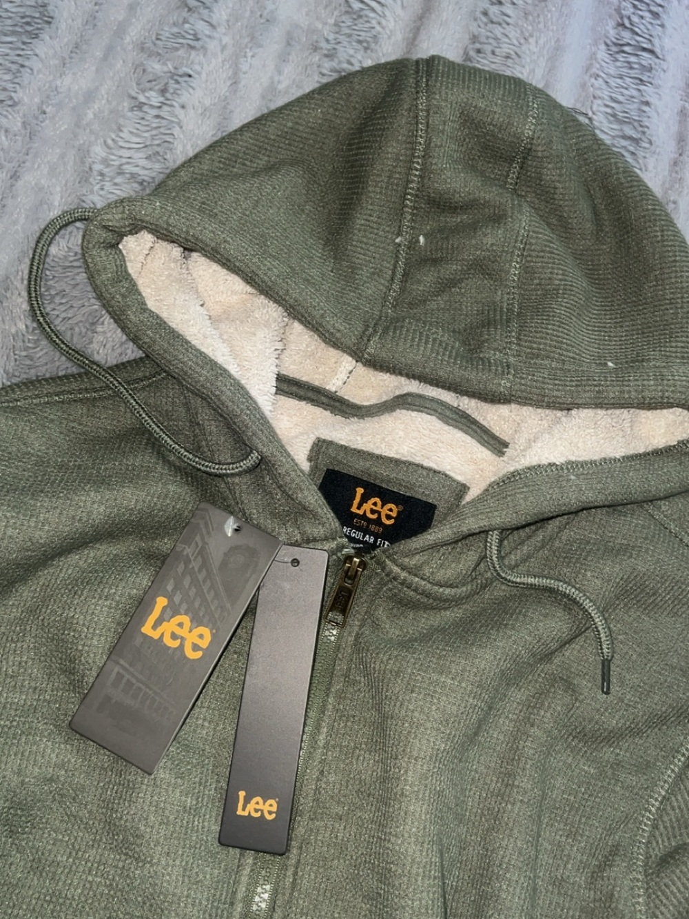 Lee Olive Green Zip-Up Hoodie with Cream Sherpa Lining